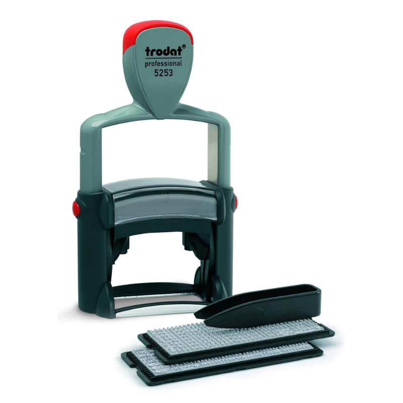 Self-inking Trodat Typomatic 5253 stamp with 6-line customization, ergonomic design, and durable steel core for clean imprints.