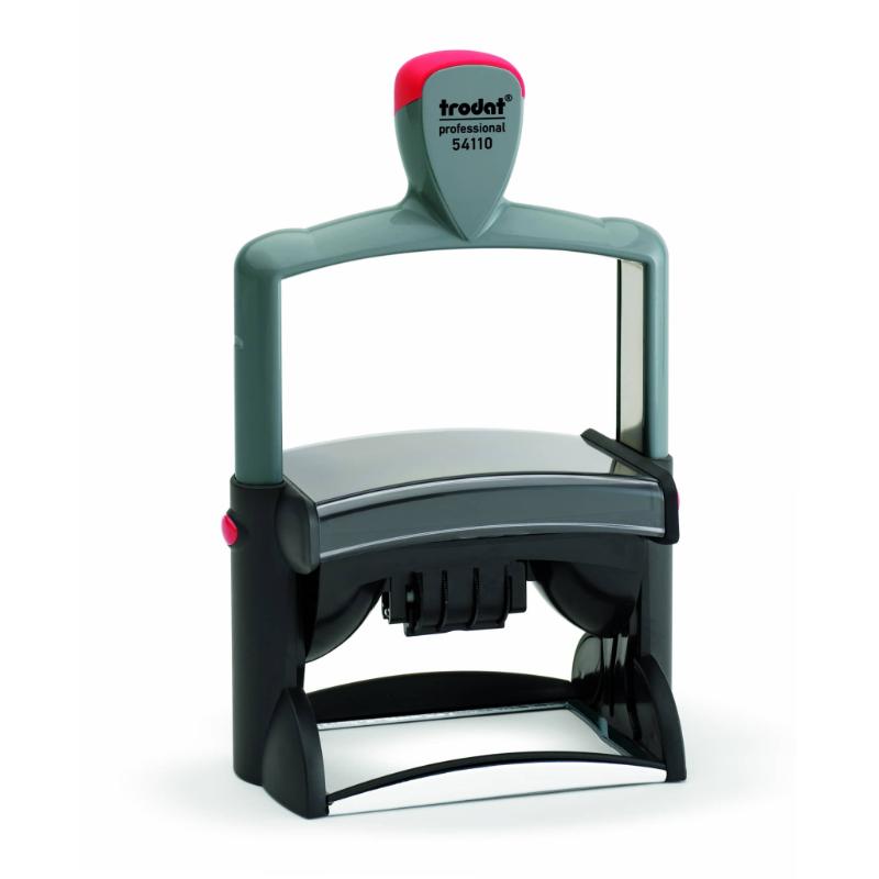 Trodat Professional Text Dater 54110: ergonomic date stamp with 85x55mm print area, clean imprints, and no ink contact.