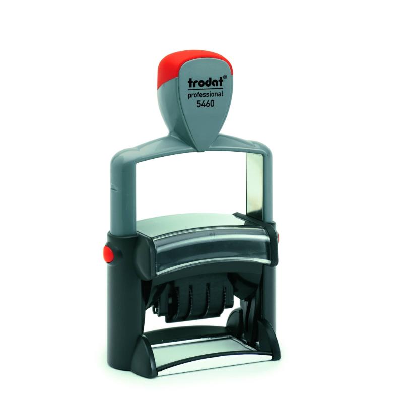Trodat Professional Text Dater 5460/L, ergonomic stamp for precise 'Received' imprints with blue/red ink pad.