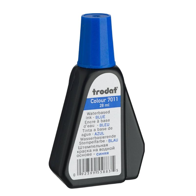 Trodat Rubber Stamp Ink 28ml in vibrant blue, perfect for hand stamps and self-inkers, ideal for paper and cardboard.