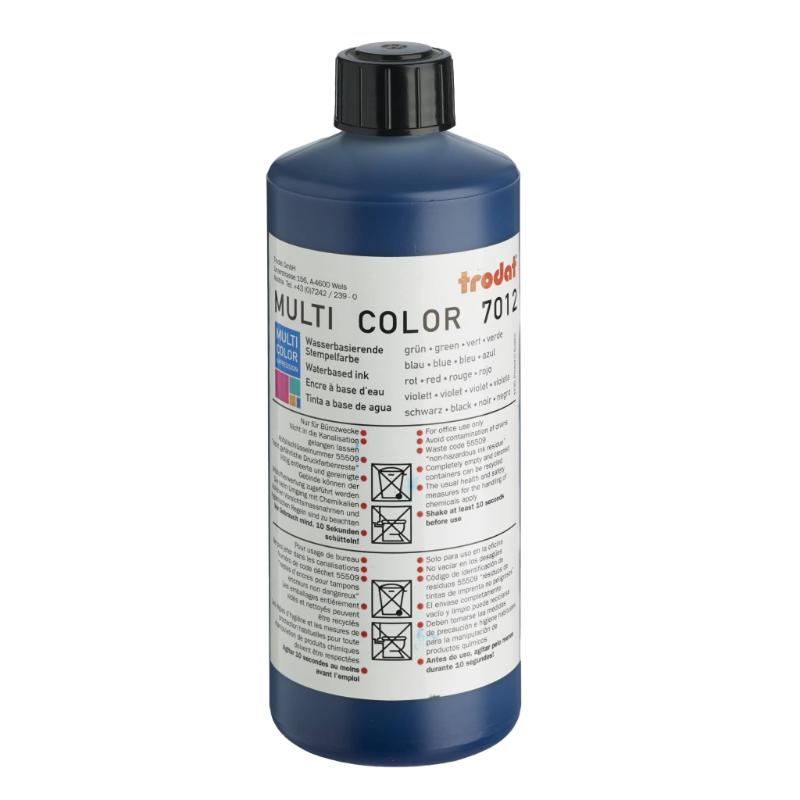 Trodat Rubber Stamp Ink 500ml 7012 in blue, ideal for vibrant, long-lasting impressions on paper and cardboard.