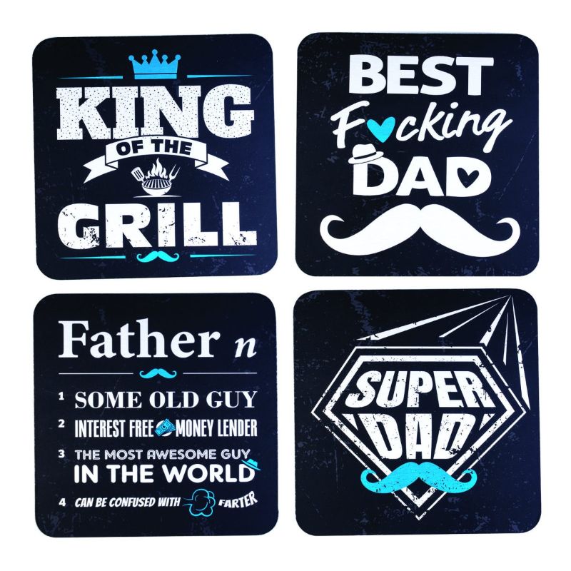 Coasters Set - Dad featuring punny sayings, cork backed and heat resistant, perfect gift for fathers, dimensions 10x10cm.