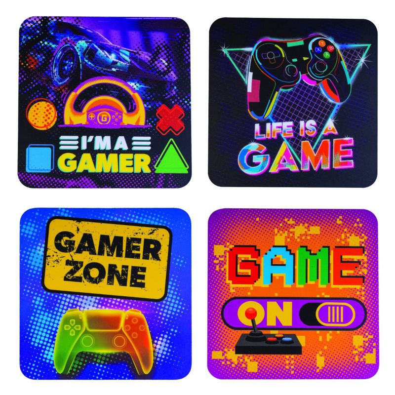 Set of 4 gamer coasters with punny sayings, cork-backed, heat-resistant, for protecting surfaces during gaming sessions.
