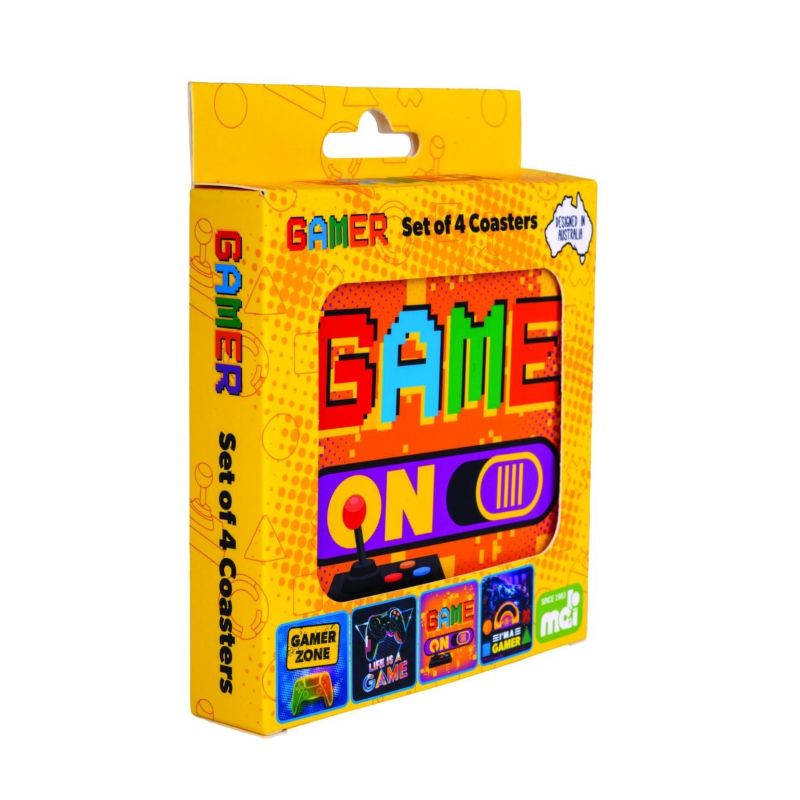 Gamer coasters set featuring 4 unique punny designs, cork-backed and heat-resistant for stylish protection.