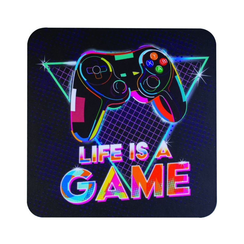 Colorful coasters set for gamers featuring 4 punny sayings, cork backing, and heat-resistant design for stylish protection.