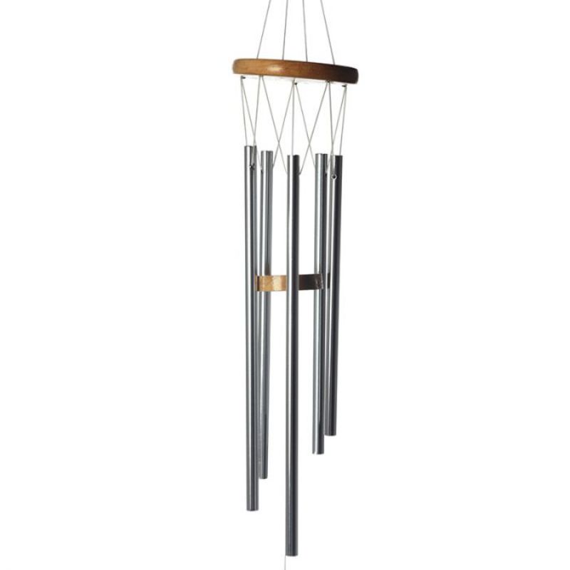 Wooden wind chime with metal tubes, 77cm long, featuring soothing melodies and elegant design for outdoor spaces.