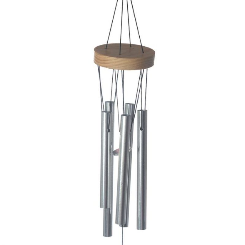 Wooden wind chime with metal tubes, 37cm long, creates soothing sounds; a perfect decorative piece for outdoor spaces.