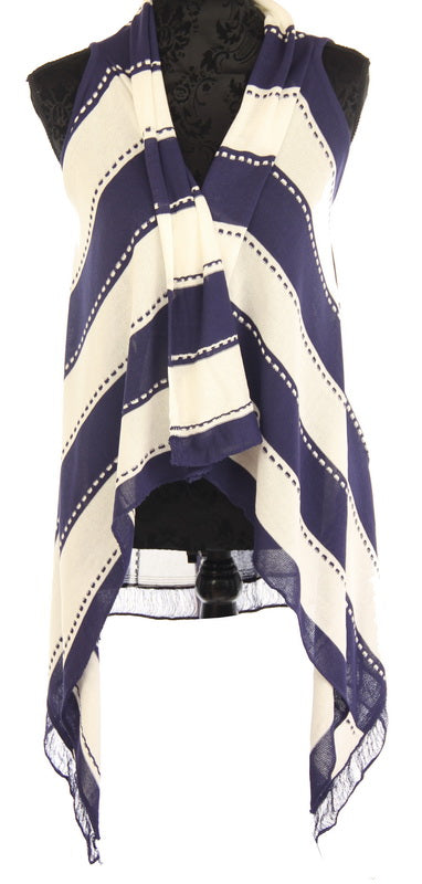 Navy and white striped sleeveless cape, perfect for layering with a lightweight, stylish design for any occasion.