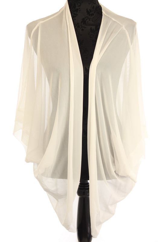 Plain sheer white shrug with 90cm drop, perfect for layering and enhancing any outfit with elegance and comfort.