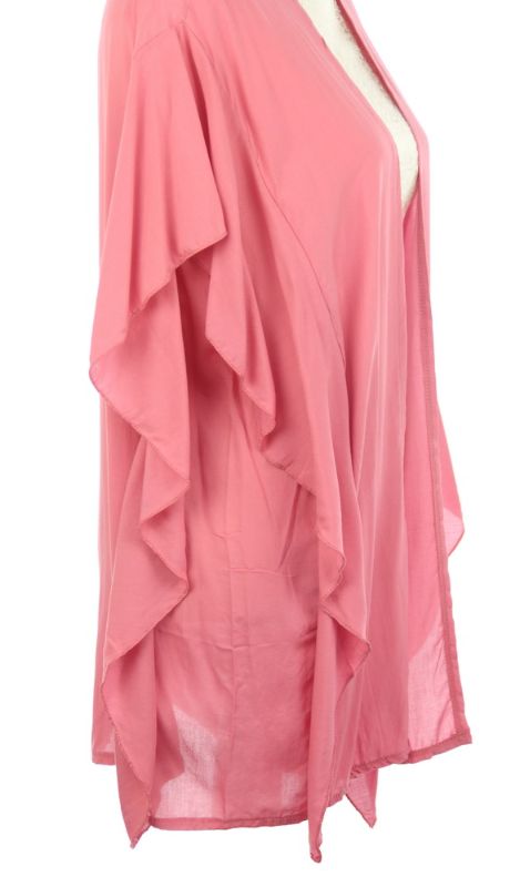Coral cape with ruffled side panel, 100% viscose, lightweight, elegant for versatile styling and comfort.