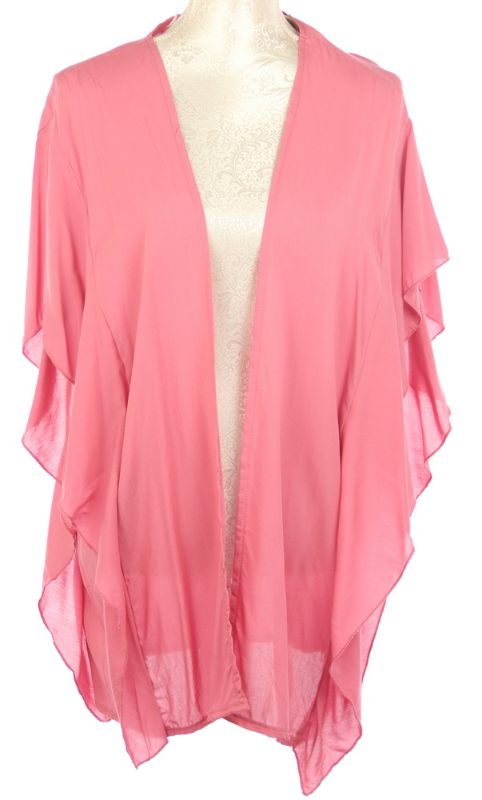 Coral cape featuring elegant ruffled side panel, lightweight 100% Viscose, perfect for layering and stylish comfort.