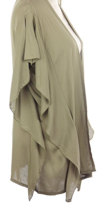 Olive ruffled side cape made from premium Viscose, perfect for stylish layering and flattering fits.
