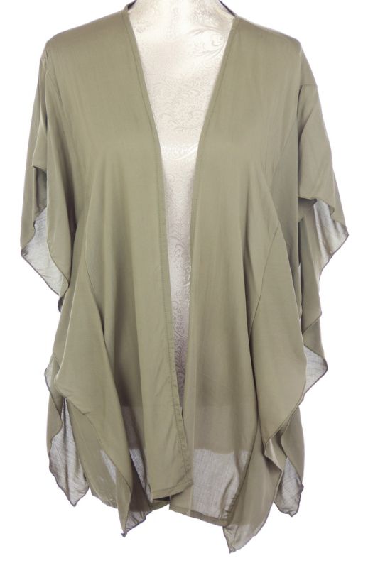 Olive green Victoria Ruffled Side Cape made from 100% Viscose, featuring ruffled side panels and a flattering fit.