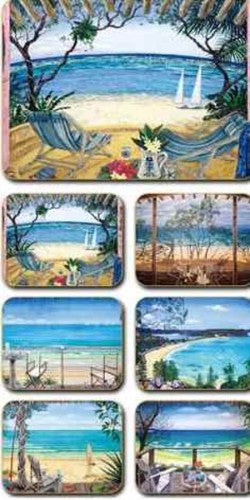 Set of 6 coastal-themed coasters, 9.5x11cm, cork-backed for heat resistance, featuring vibrant designs in an elegant gift box.