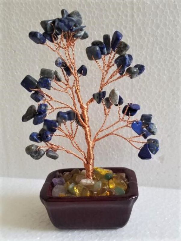 Small Lapis Gemstone Tree, 15cm tall, handcrafted lapis lazuli centerpiece symbolizing wisdom and positive energy.