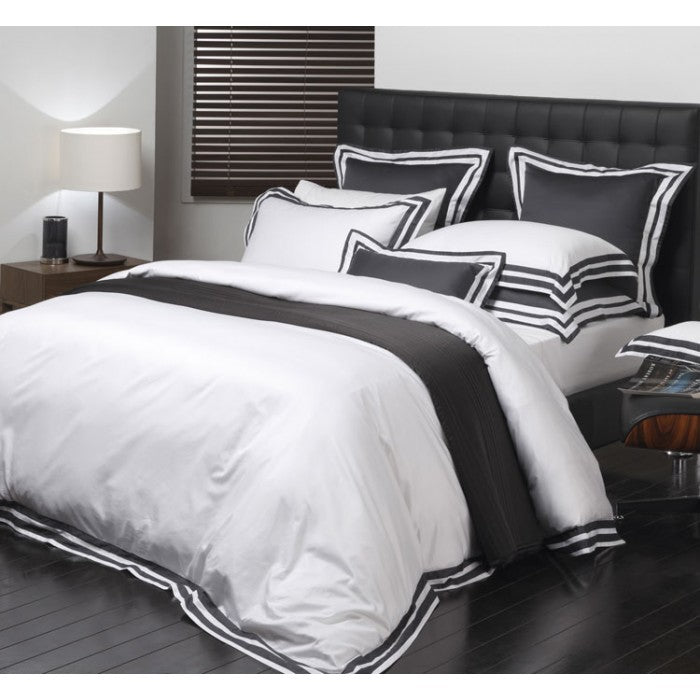 Elegant Carlisle Queen Duvet Cover Set in white and granite with soft 500 thread count cotton, includes duvet and pillowcases.