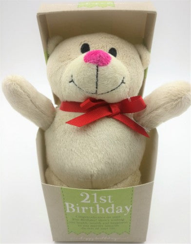 Adorable 15 cm plush bear, handmade for 21st birthdays, symbolizing love and cherished memories, perfect for gifting.