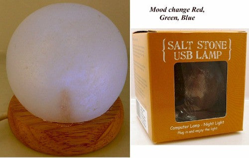 White Himalayan salt lamp ball, 10cm, features color-changing LED, purifies air, and enhances ambiance for relaxation.