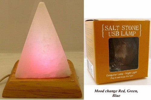 White pyramid-shaped salt lamp with an LED bulb, changing colors, perfect for decor and health benefits.