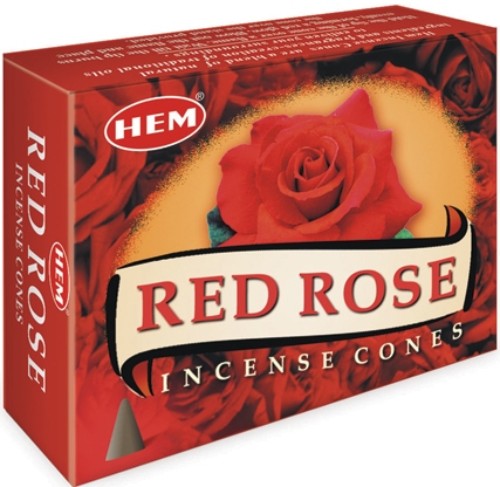 HEM Red Rose Incense Cones: 12 packets of 10 cones each, offering a romantic floral aroma for relaxation and tranquility.