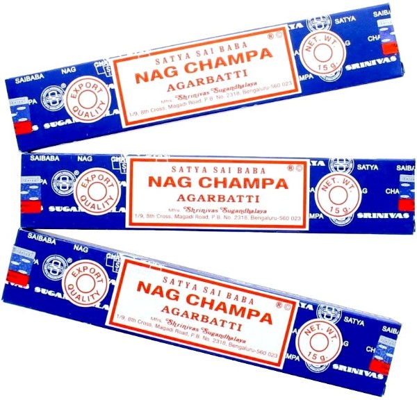 A 15 gm box containing 12 packets of Nag Champa incense, known for its soothing and aromatic calming fragrance.
