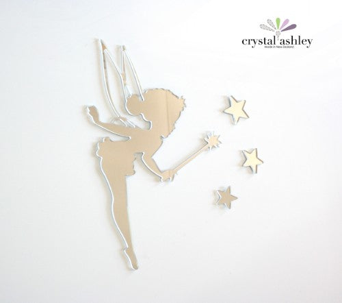 Whimsical Tinkerbell wall art with twinkling stars, featuring a mirror acrylic finish, perfect for children's spaces.