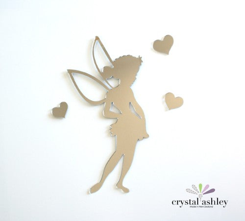 Enchanting Tinkerbell wall art with hearts, crafted from lightweight mirror acrylic, perfect for whimsical decor.