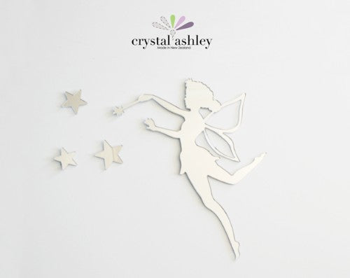 Tinkerbell wall art featuring a fairy surrounded by stars, crafted from mirror acrylic silver for a magical indoor ambiance.