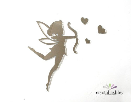 Whimsical Tinkerbell wall art featuring hearts, made of lightweight mirror acrylic silver, perfect for enchanting decor.