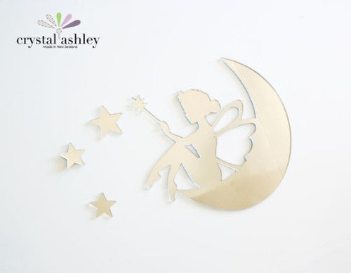 Enchanting Tinkerbell perched on a crescent moon with stars, crafted from high-quality mirror acrylic for a magical decor touch.