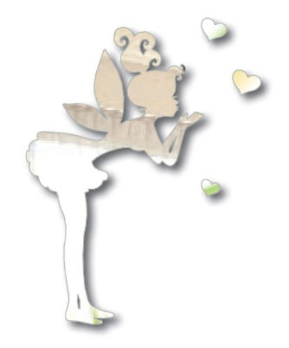 Fairy blowing kisses surrounded by hearts in reflective acrylic, adding magic and whimsy to any indoor space.