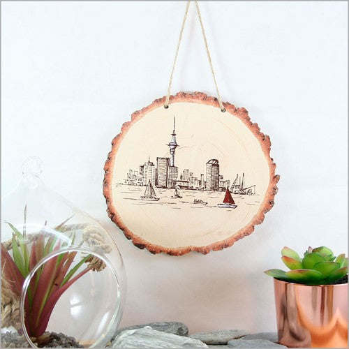 Wood slices wall art featuring Auckland's beauty, printed on 4mm veneer, ready to hang, perfect for natural-themed decor.
