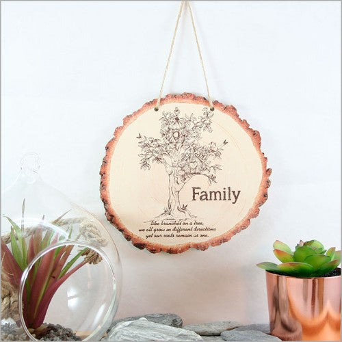 Rustic wood slice wall art featuring a family tree design, crafted from 4mm thick veneer, perfect for home decor.