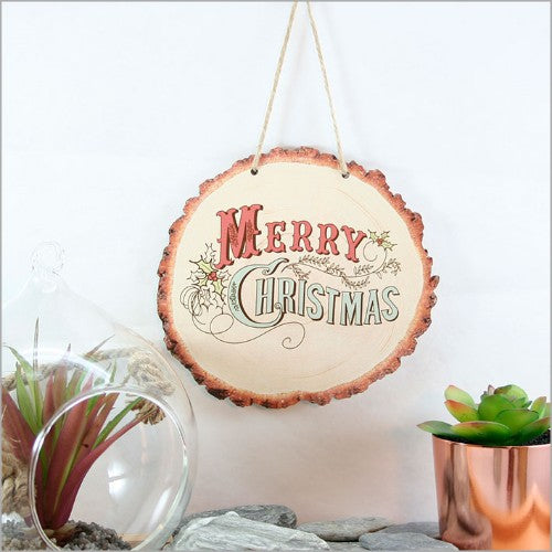 Vintage Merry Christmas wood slice wall art, beautifully printed on 4mm veneer, perfect for festive decor, ready to hang.