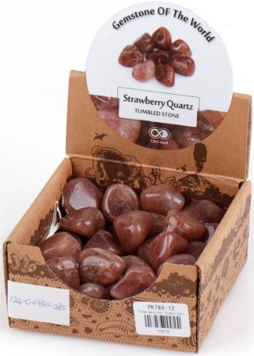 Tumbled Strawberry Quartz stones in a 0.5kg box, featuring smooth pink hues, ideal for meditation, healing, and décor.