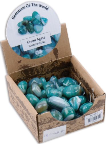 Tumbled green agate stones in a 0.5kg box, showcasing smooth finishes and natural patterns, ideal for decor and healing.