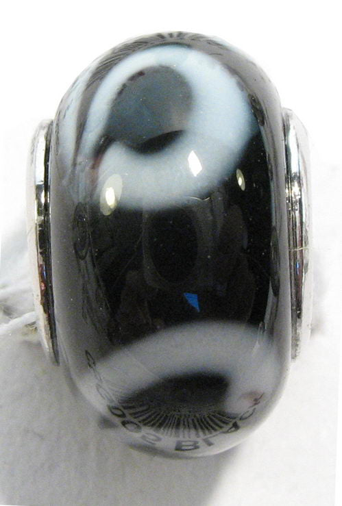 Handmade black glass beads with rhodium finish, perfect for DIY jewelry, compatible with Pandora bracelets.
