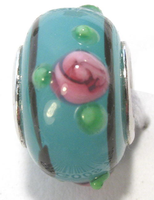 Teal glass beads adorned with pink flowers, 4pcs/Bag; perfect for DIY jewelry and compatible with Pandora bracelets.