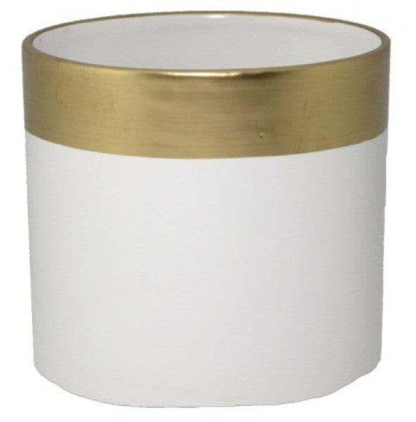Elegant white ceramic pot with a gold rim, perfect for indoor plants or floral arrangements. Size: D13.5 x 12.5cmH.