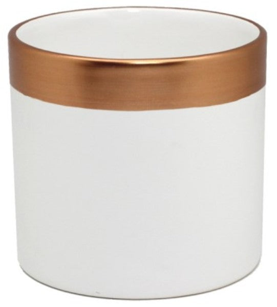 Elegant white and copper ceramic pot designed for showcasing plants, measuring D13.5 x 12.5cmH, perfect for any decor.