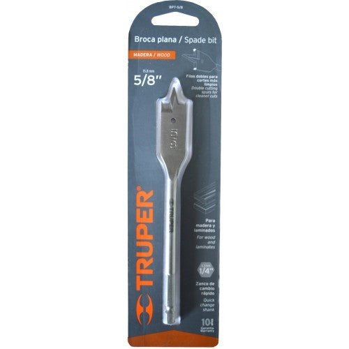 Spade Bit Truper 5/8" (16mm) for precise drilling, crafted from high carbon steel with guide tip and hex shaft for secure fit.