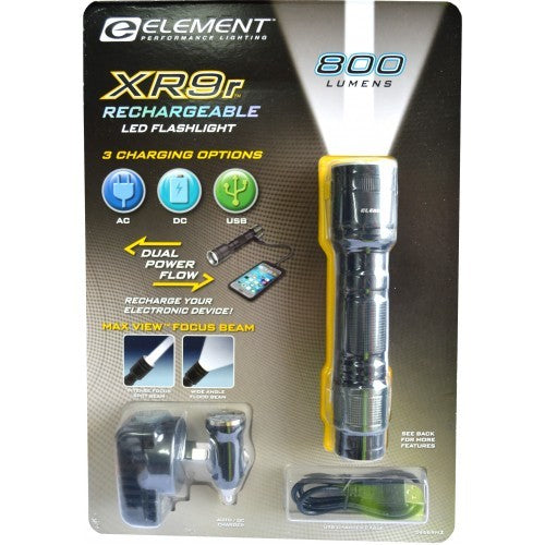 Rugged Element XR9 Rechargeable LED Torch with USB Powerbank, adjustable beam, 800 lumens, dual power flow, water-resistant.