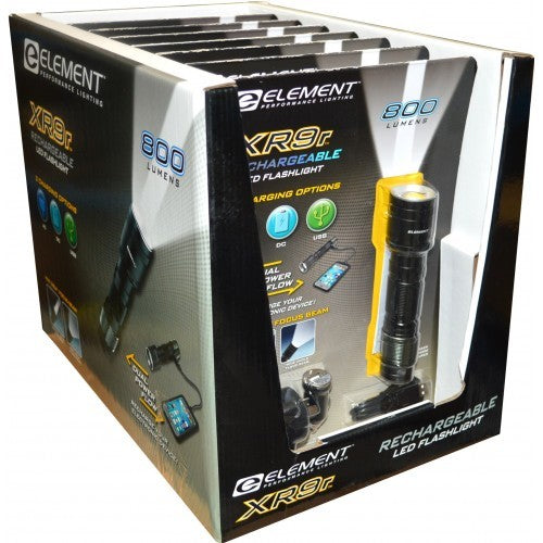 Rugged Element Xr9 Rechargeable LED Torch with USB powerbank, adjustable beam, 800 lumens, water-resistant, charges devices.