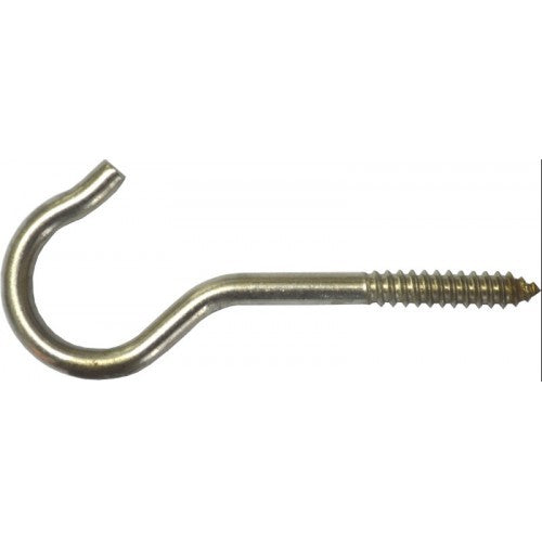 Heavy-duty stainless steel screw hooks measuring 2-9/16" for versatile hanging and organizing in any space.