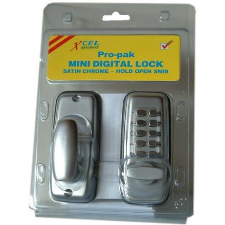 Sleek satin chrome Digital Entrance Lock 'Xcel' Mini with push button access, 60mm latch, and 100mm spindle for keyless entry.