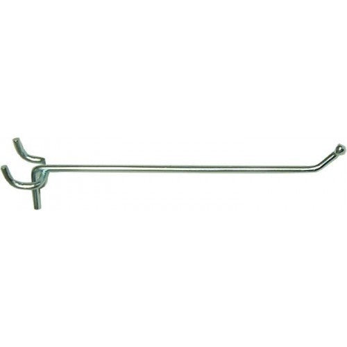 Durable 50mm pegboard hook with zinc finish, designed to securely hold tools and items with a curved end and ball tip.
