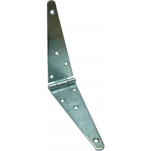 Heavy galvanized 8-inch gate hinge strap with long flaps for stability, ideal for doors and gates; rust-resistant zinc plating.
