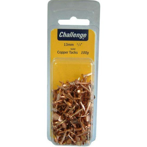 Copper tacks in 25mm bayonet style, rust-proof, ideal for upholstery and crafting, available in a 100g packet.