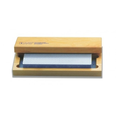Coarse diamond whetstone sharpener in a hardwood case, perfect for restoring edges on knives and tools with non-skid feet.