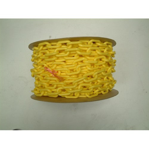 Yellow plastic chain reel, 8mm x 25m, ideal for safety barriers, crowd control, and decorative projects.